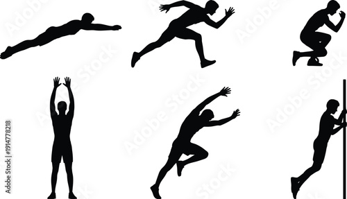 Set of black silhouettes featuring male swimmers and athletes in various action poses including diving, swimming, and starting positions.