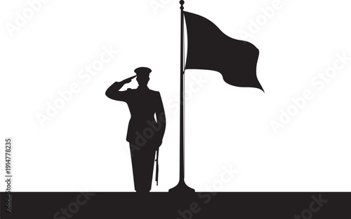 Silhouette of a soldier saluting a black flag uniform
