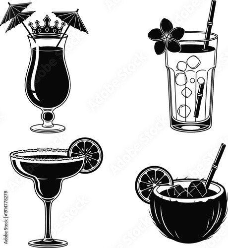 Black and white vector illustration set of tropical cocktails and summer drinks including margarita mojito and coconut beverage for bar menu and beach branding