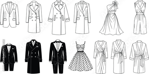 Black and white vector line art set of formal clothing including suits evening dresses coats and robes for fashion design apparel branding and retail marketing