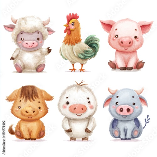 Cute farm animal characters in soft pastel colors friendly clipart isolated cleanly on white background, stock-illustration