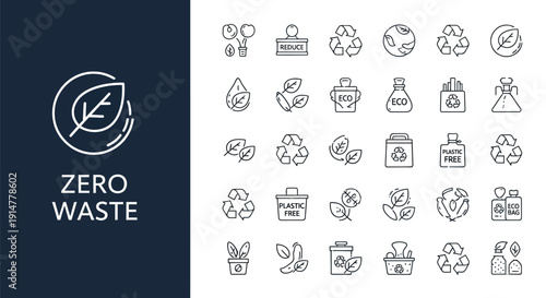 Collection of line icons representing zero waste and eco friendly concepts