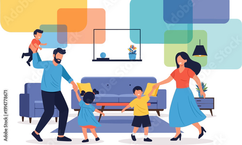 A happy family playing together indoors.