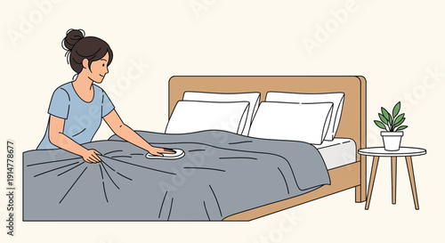 Woman in blue shirt making a bed with gray sheets and white pillows, wooden headboard and small plant on side table, vector illustration isolated on transparent background