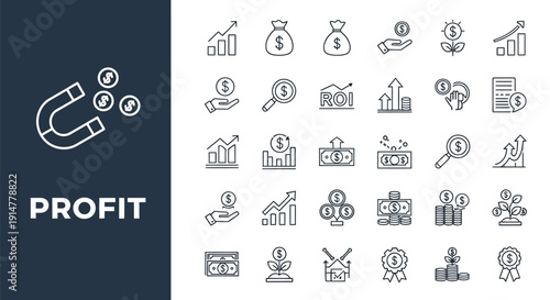Collection of financial growth and profit related line icons in blue tones
