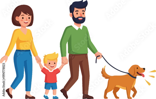 happy family walking dog together outdoors.
