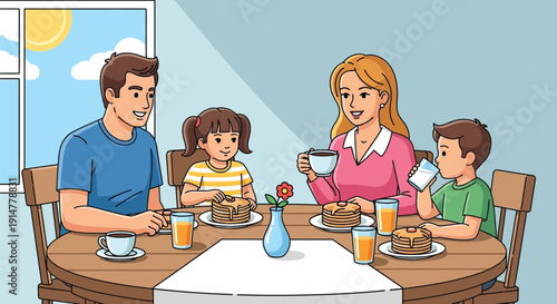 Family having breakfast, eating together, morning meal, cartoon people