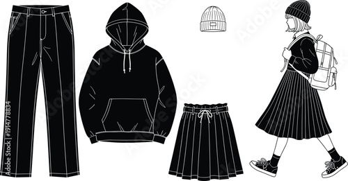 Black vector illustration set of modern streetwear clothing including trousers a hoodie beanie skirt and a teenage girl walking with a school backpack