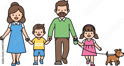 A cartoon family walking with a dog.