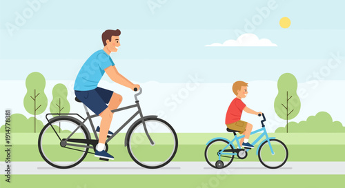 father son bicycle bike ride cycling outdoor family fun exercise leisure activity recreation park green grass trees sunny day happy smiling people