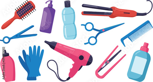 Hair styling tools vector set, barber salon equipment collection isolated, beauty accessories illustration professional cosmetic bundle