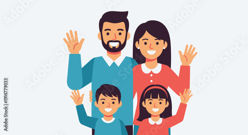 A cartoon family waving happily together.