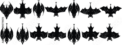 Black vector silhouette set of diverse bats flying and hanging for Halloween decoration spooky nocturnal wildlife nature protection and mystery themed branding design