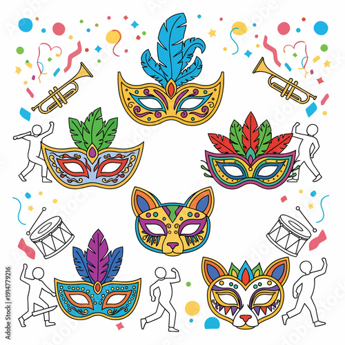 Colorful carnival masks with feathers, confetti, musical instruments, and dancing people, depicting a festive celebration.