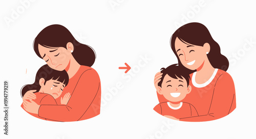 Mother and child emotional transformation illustration.