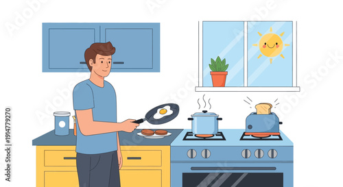 Man cooking in kitchen with frying pan and pots on stove, sunny window background