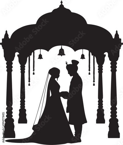 Silhouette of bride and groom under traditional wedding canopy with hanging bells