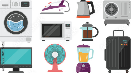 Home appliances vector illustration isolated, household electronic devices collection, kitchen and laundry equipment flat design set illustration
