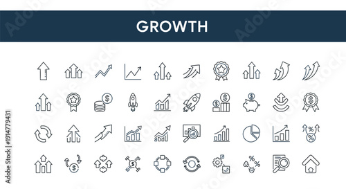 Collection of line art icons representing growth and business development
