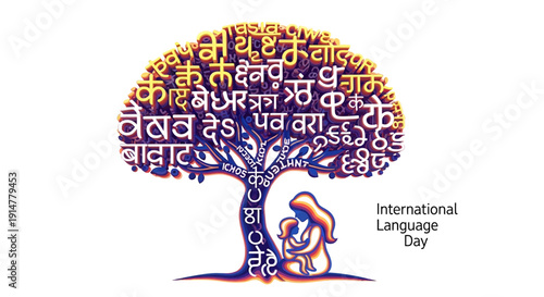 Vector illustration of a mother and kids under a tree with multilingual text, celebrating International Mother Language Day and linguistic diversity with colorful, iconic graphics.