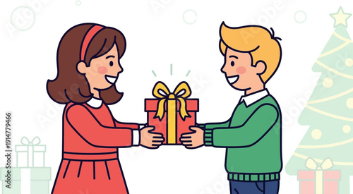 cartoon kids exchanging christmas gifts.