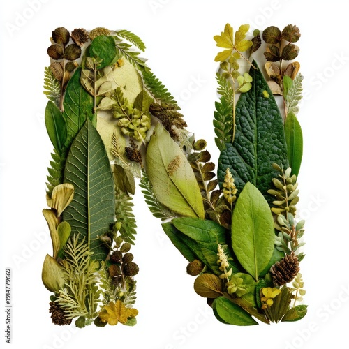 Clipart of the letter N illustrated with nature conservation imagery leaves small animals soft earthy greens isolated on white