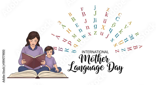 Illustration of a mother and child reading together on International Mother Language Day with colorful letters and icons.