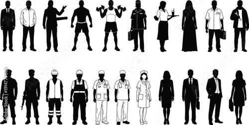 Black vector silhouette set of diverse professional workers including doctor nurse soldier businessman waitress and construction worker for employment labor and career branding design