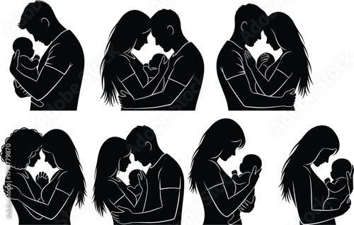 Black vector silhouette set of diverse parents holding newborn babies including mothers and fathers for parenthood childcare family bonding and postnatal healthcare branding design