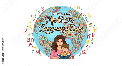 Illustration of a mother and child celebrating Mother Language Day with a heart-shaped design and colorful letters on a blue background.