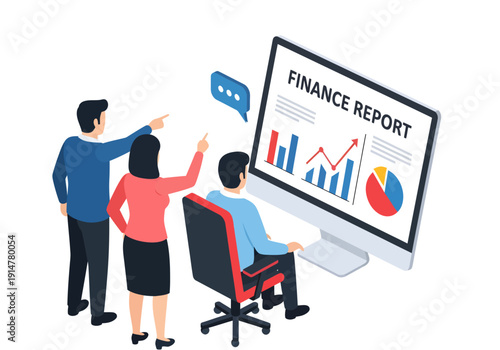 Three professionals actively discuss business performance while looking at a large monitor displaying a finance report with colorful bar graphs, a rising line chart, and a pie chart