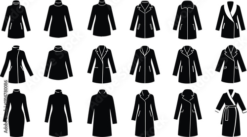 Black vector silhouette set of diverse women outerwear including winter coats trench coats turtlenecks and robes for cold weather fashion apparel retail branding design