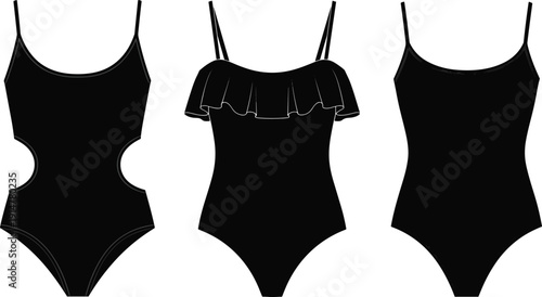 Black vector silhouette set of modern women's one piece swimsuits including cut out ruffles and classic styles for beachwear summer fashion and apparel branding