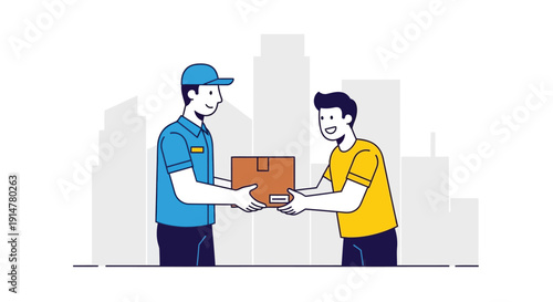 Vector illustration of two men exchanging a package in front of a city skyline