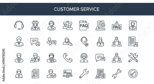 Customer service icons depicting support assistance and communication options