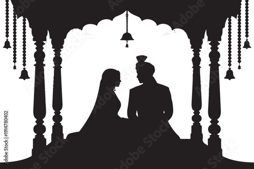 Silhouette of couple sitting under traditional wedding canopy with hanging bells
