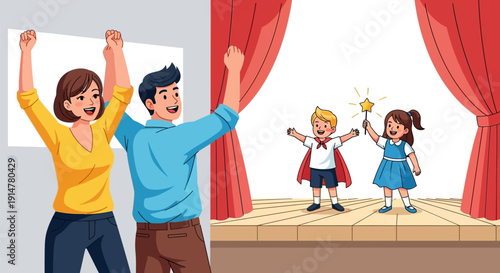 Family cheering kids on stage performance.