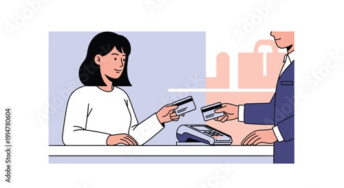 Woman handing over credit card to businessman at counter with cityscape in background, vector illustration