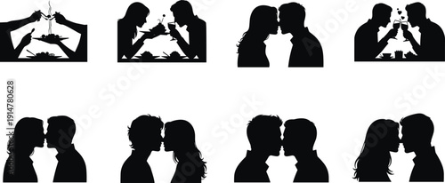Black vector silhouette set of romantic couples dining together sharing wine and kissing for Valentines Day dating apps relationship counseling and anniversary branding design
