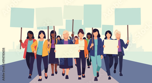 Diverse group of women marching with blank protest signs cityscape background equality movement concept
