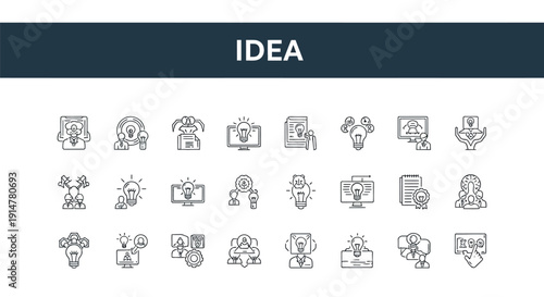 Collection of various line art icons representing the concept of idea generation
