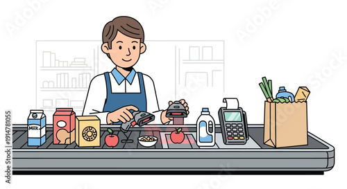 Cartoon grocery store worker scanning food items on conveyor belt with various products