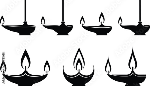 Black vector silhouette set of traditional oil lamps and burning diya for Diwali festival spiritual meditation religious celebration Indian culture and decorative branding design