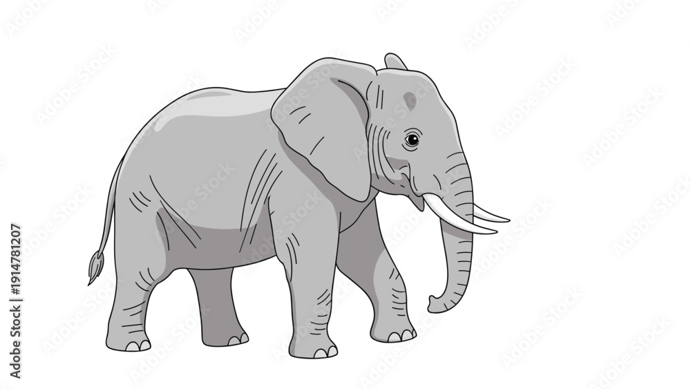 Fototapeta premium Grey African elephant walking with tusks and trunk down isolated on a white background for nature illustration.