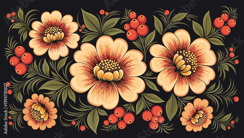 Traditional Russian folk art style floral arrangement with orange flowers and red berries on a black background.