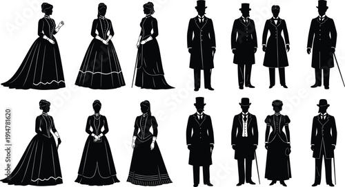 Black vector silhouette set of Victorian era men and women in formal period clothing including ball gowns top hats and suits for historical branding