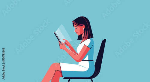 woman sitting on chair reading tablet isolated on blue background