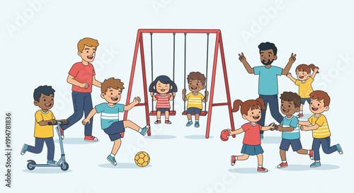 Children playing soccer and having fun on a playground with swings.