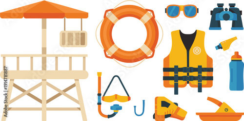 Lifeguard equipment vector set, beach safety rescue tools collection isolated, summer lifesaving accessories professional illustration bundle