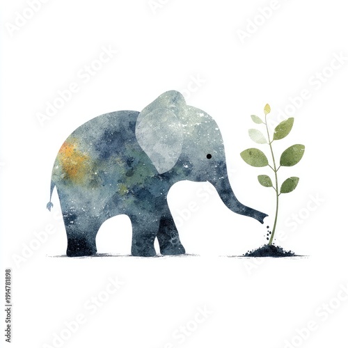 A stylized elephant watering a tiny sapling with its trunk symbolizing gentle strength and growth isolated on white background